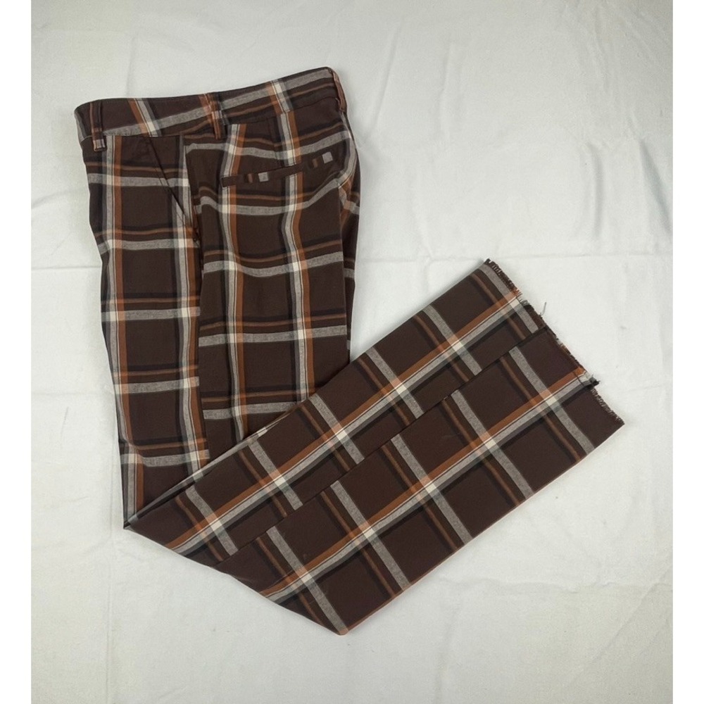BRIXTON WOMENS PLAID PANTS BROWN ORANGE STRAIGHT LEG RAW HEM RETRO SIZE 26